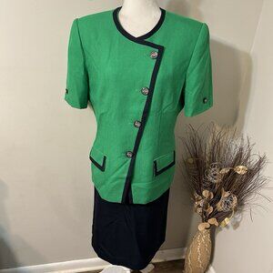 Vtg Kasper For ASL 2pc Skirt Suit Green Blue Short Sleeve Pleated Front Lined 14